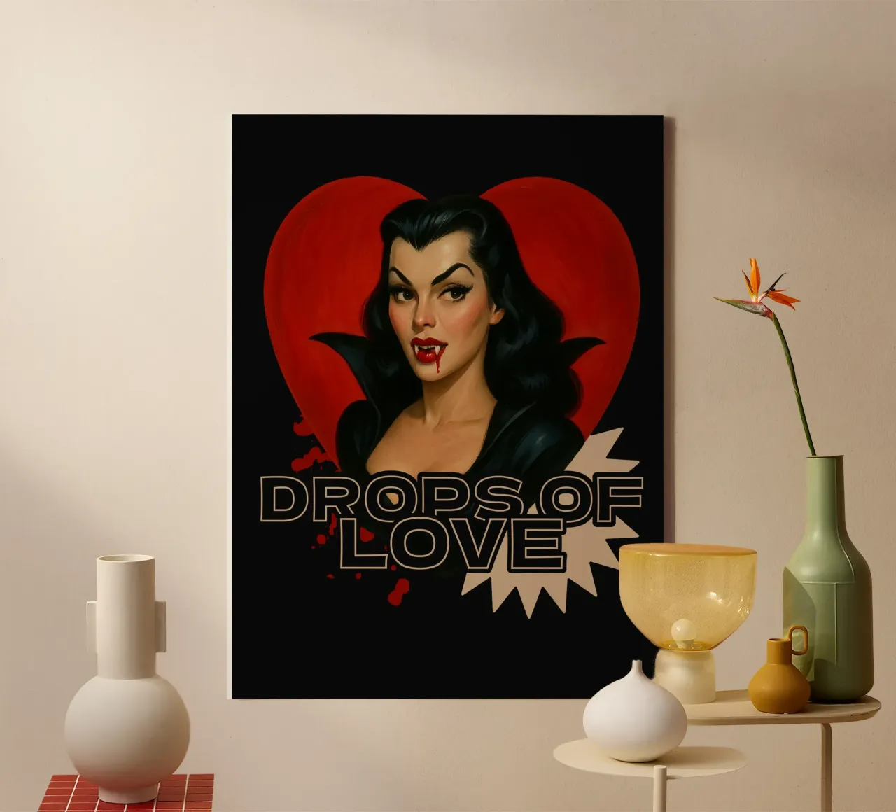 Vampire Pin-Up: Drops of Love canvas with Floater frame by 🥝 KIWI STORE