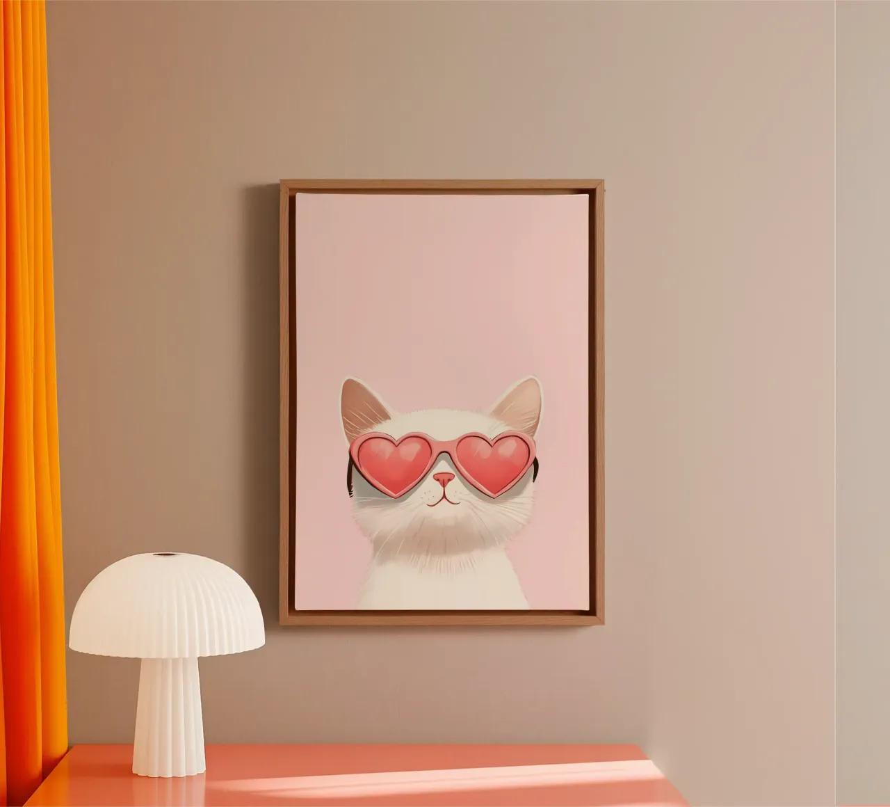 Impresión artística de un lindo gato con gafas de sol de corazón rosa lienzo con Marco flotante de vintagepod