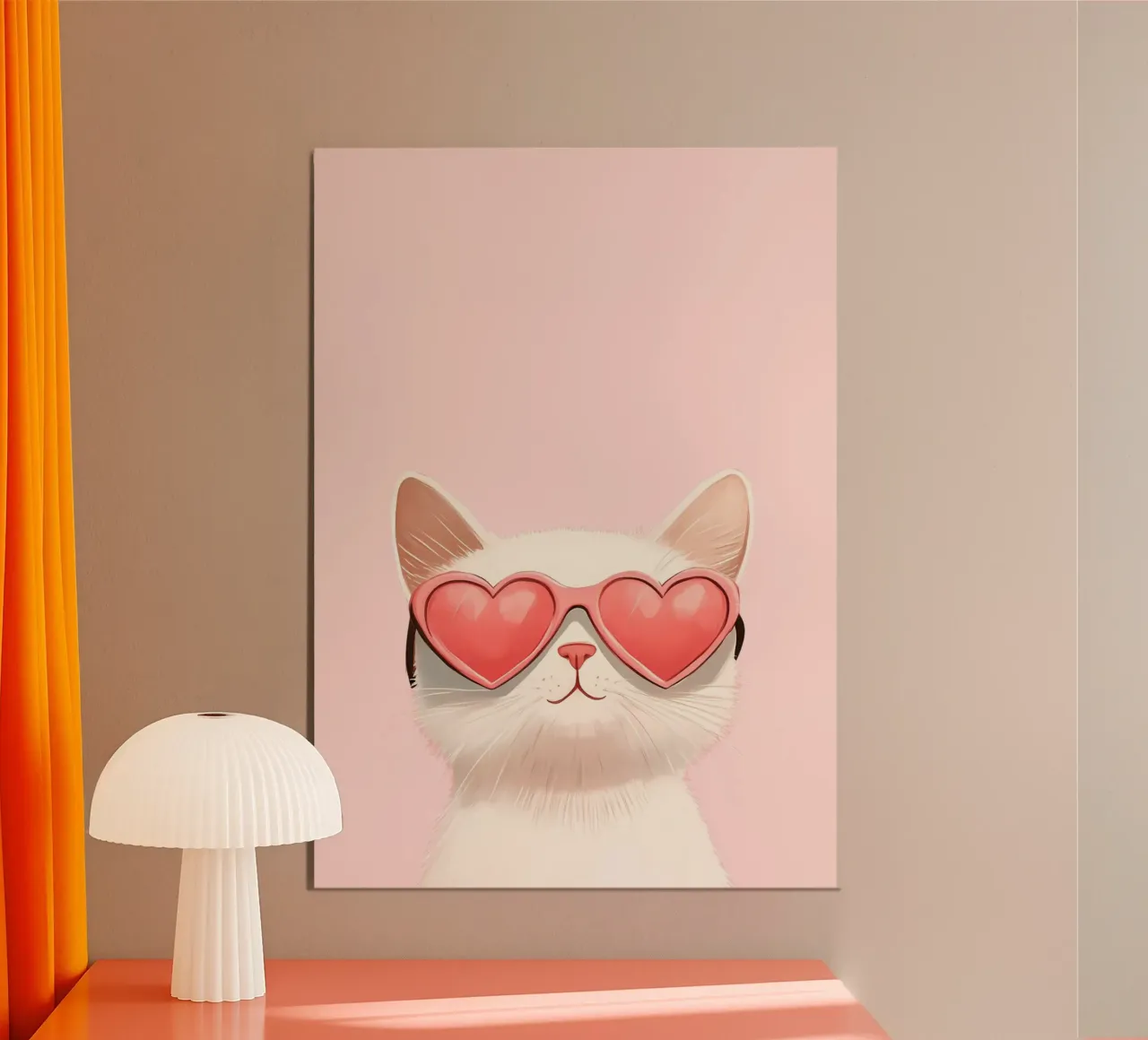 Impresión artística de un lindo gato con gafas de sol de corazón rosa poster con marco de plástico de vintagepod
