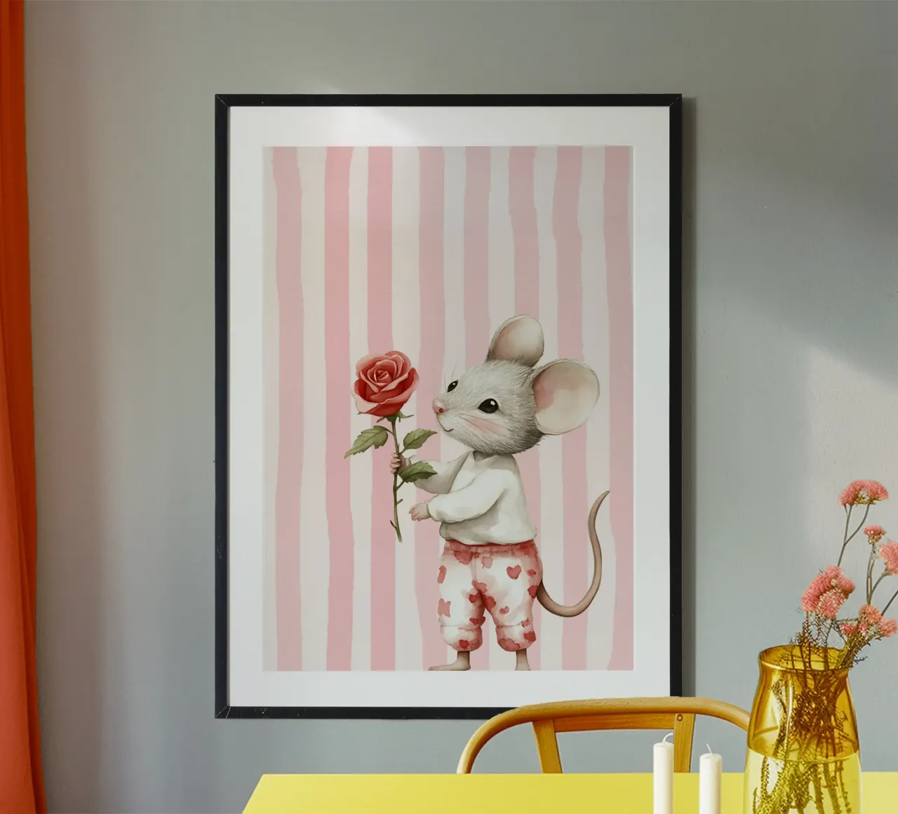 Souris mignonne avec une rose, Kawaii Animal Art Print poster de vintagepod