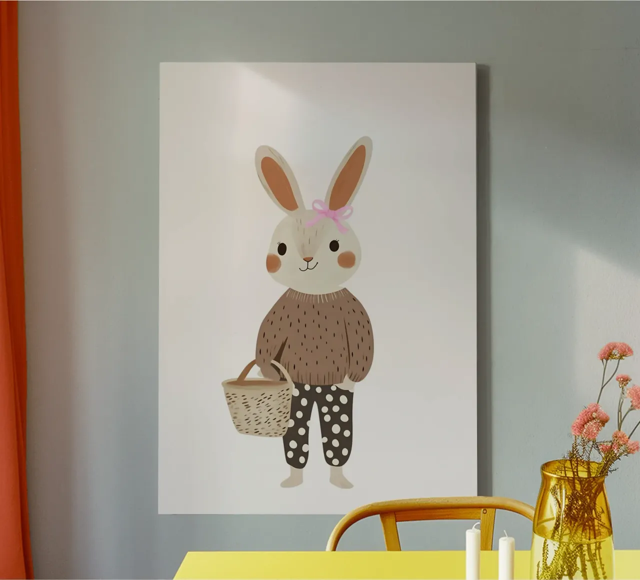Lapin mignon avec panier, lapin Kawaii Art Print toile avec Caisse américaine de vintagepod