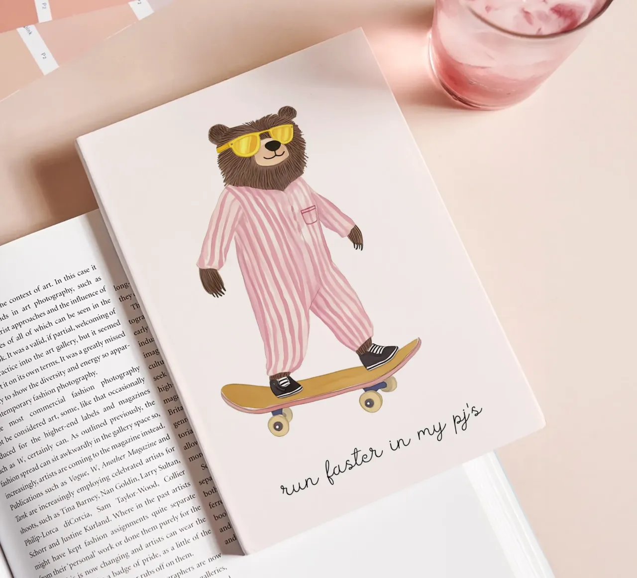 Bear Skater in Pajamas Art Print, "Run Faster" Quote notebook by vintagepod