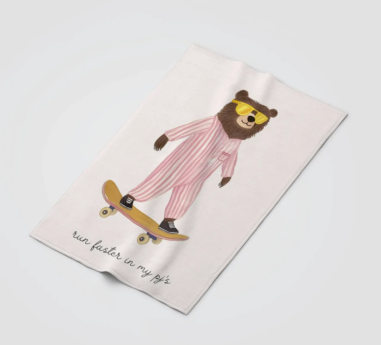 Bear Skater in Pajamas Art Print, "Run Faster" Quote Fleecedecke von vintagepod