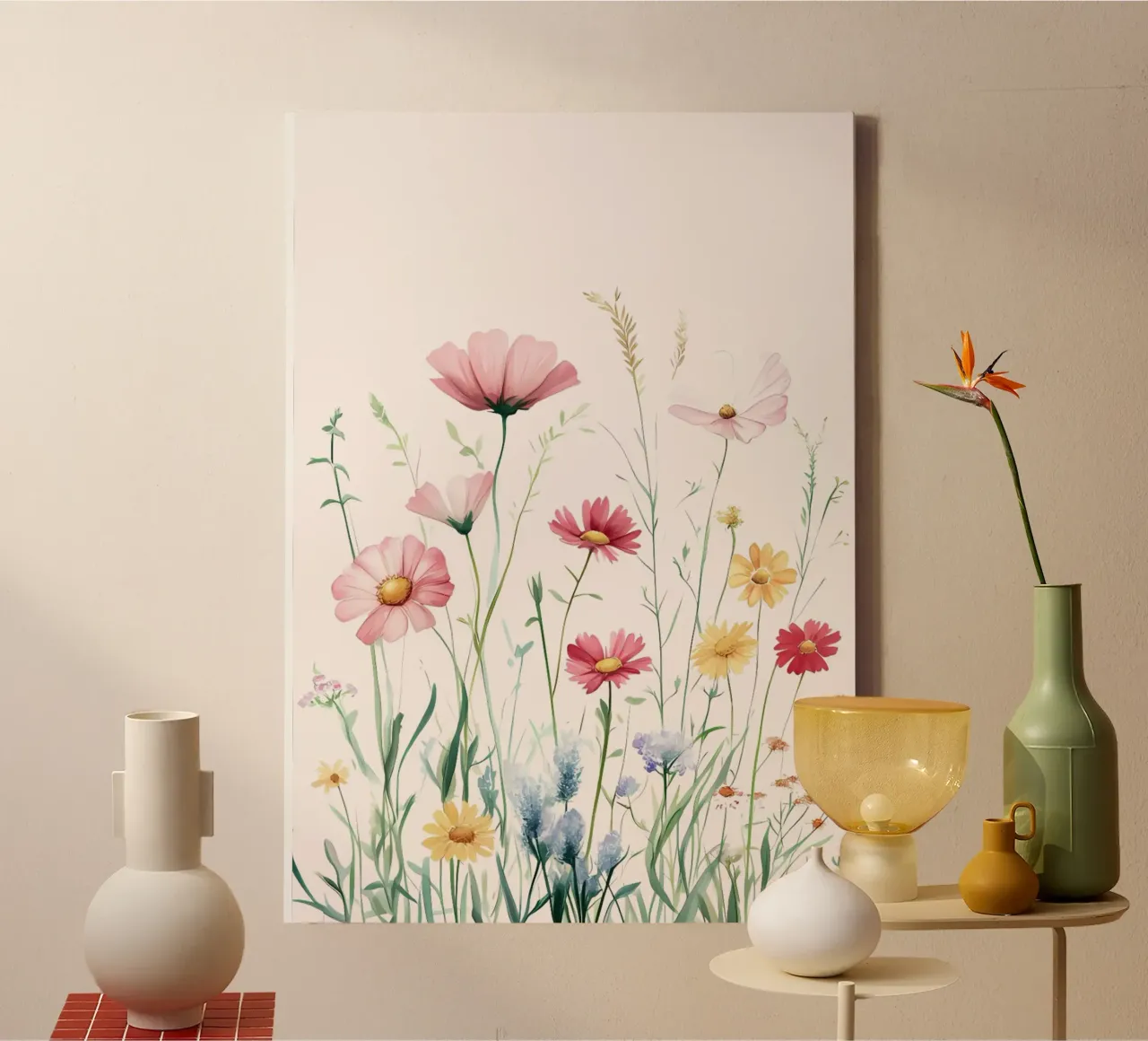 Stampa d'arte di un prato di fiori acquerellati a pastello tela con Cornice a cassetta da vintagepod