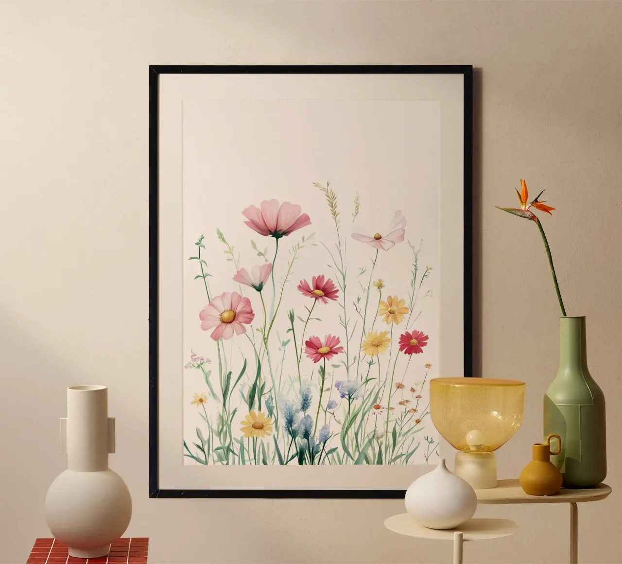 Stampa d'arte di un prato di fiori acquerellati a pastello poster con telaio in alluminio da vintagepod