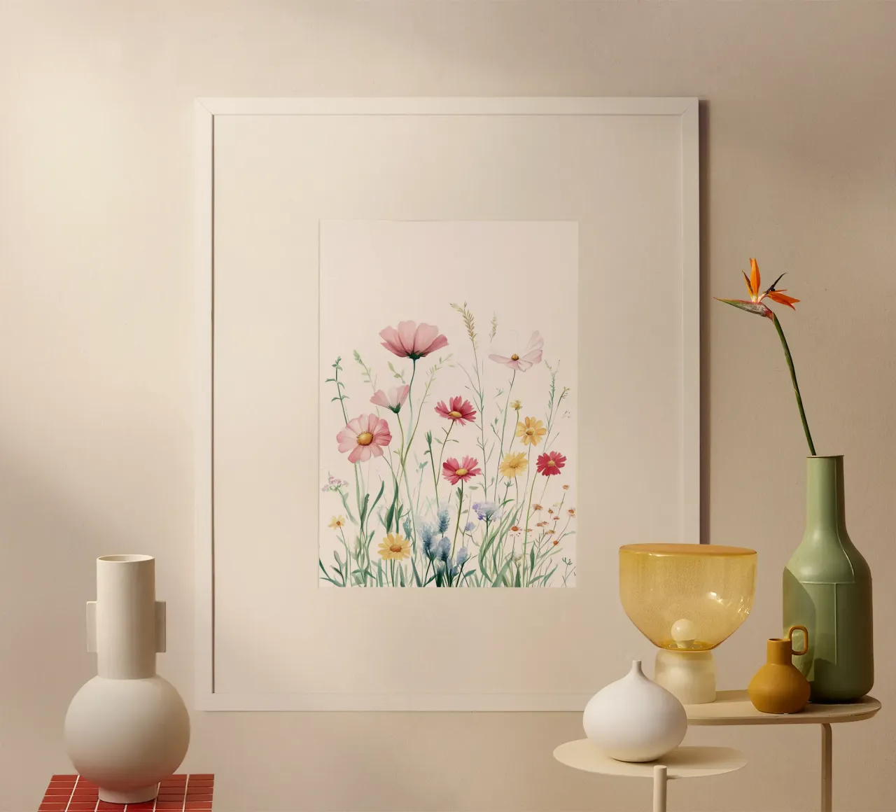 Stampa d'arte di un prato di fiori acquerellati a pastello poster con telaio in alluminio da vintagepod
