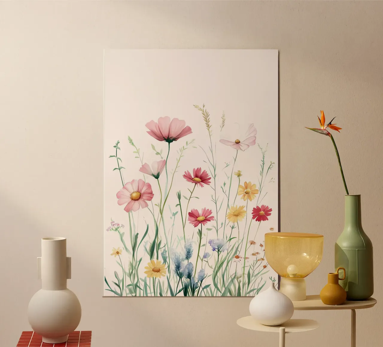 Stampa d'arte di un prato di fiori acquerellati a pastello poster con telaio in alluminio da vintagepod