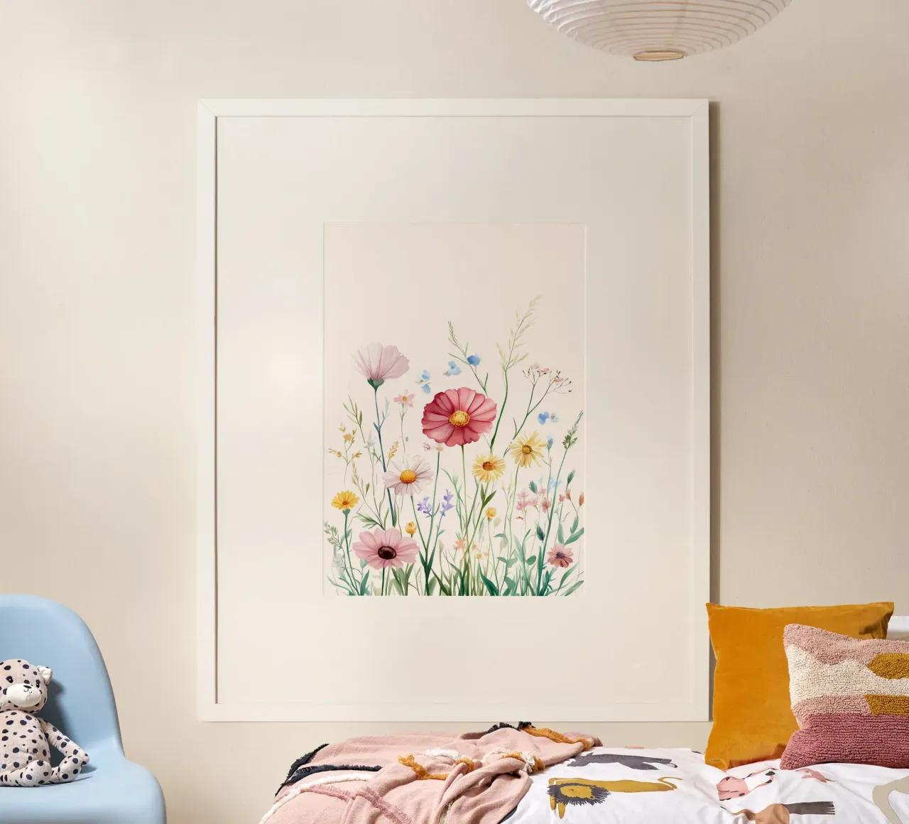 Impression d'art à l'aquarelle d'une prairie de fleurs sauvages vibrantes poster avec cadre en bois de vintagepod