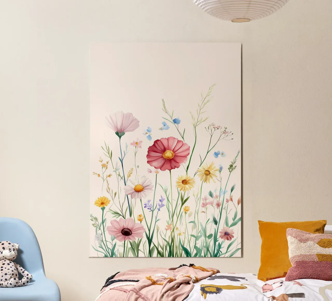 Impression d'art à l'aquarelle d'une prairie de fleurs sauvages vibrantes poster avec cadre en bois de vintagepod