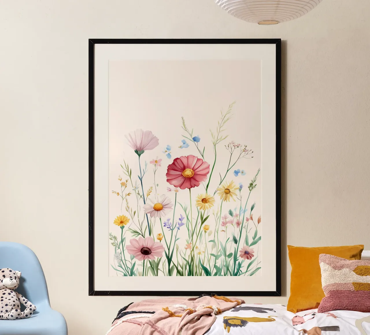 Impression d'art à l'aquarelle d'une prairie de fleurs sauvages vibrantes poster avec cadre en bois de vintagepod
