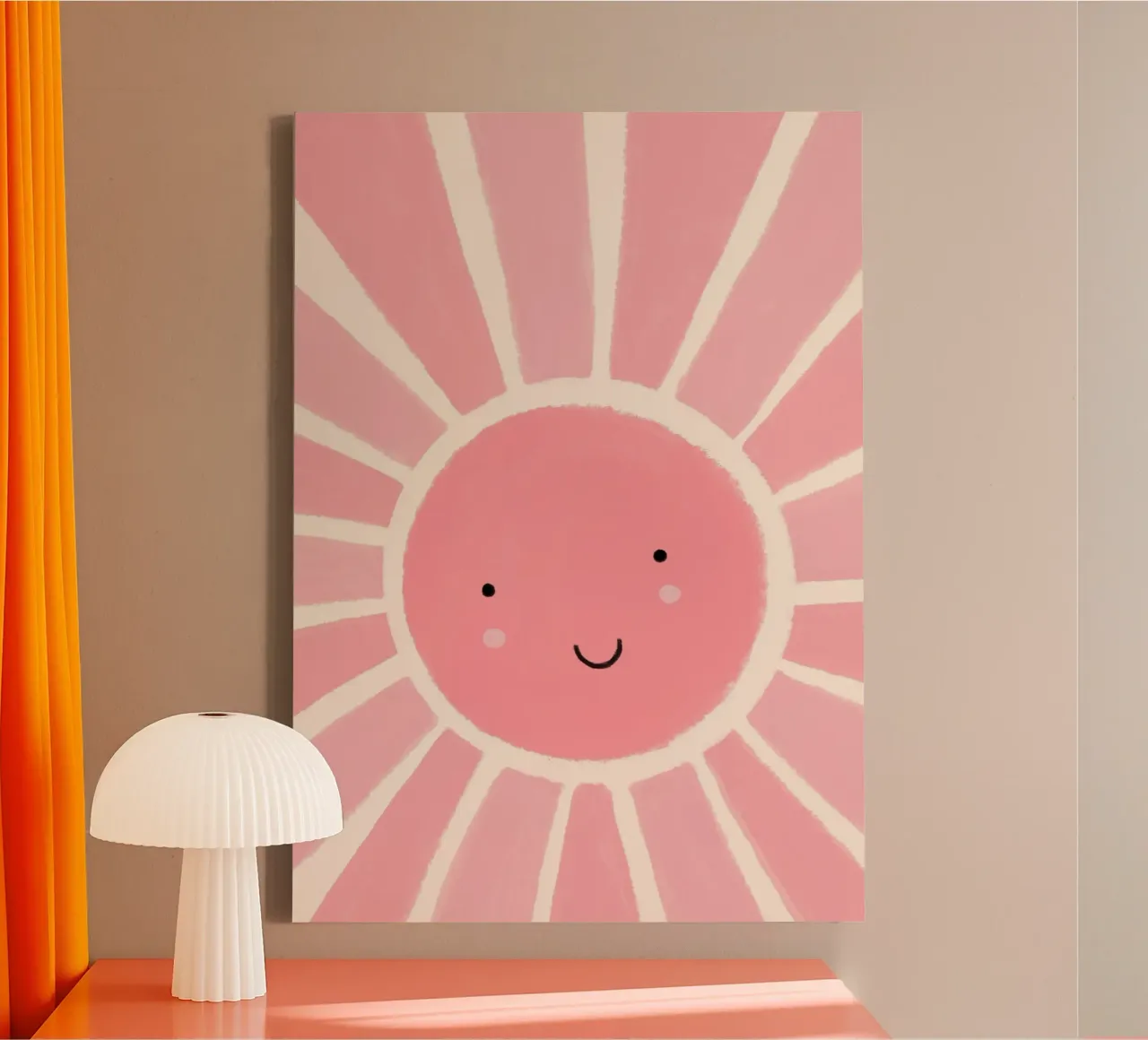 Stampa artistica Kawaii Pink Sun Smile, Happy Nursery tela con Cornice a cassetta da vintagepod