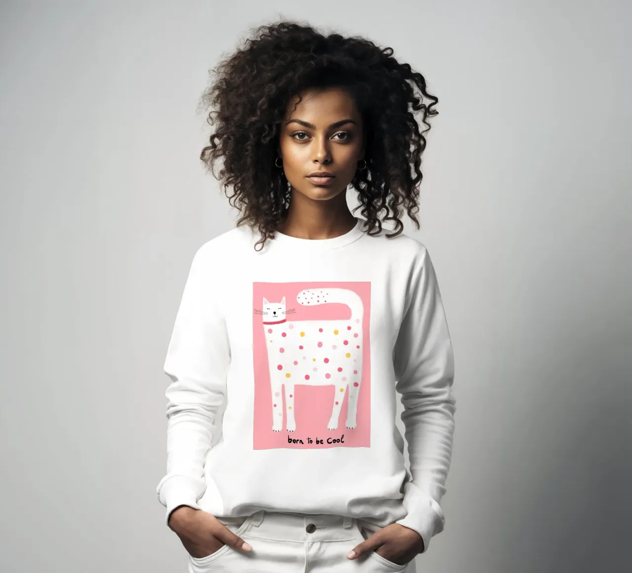 "Geboren um cool zu sein" Polka Dot Katze Kunstdruck Sweatshirt von vintagepod