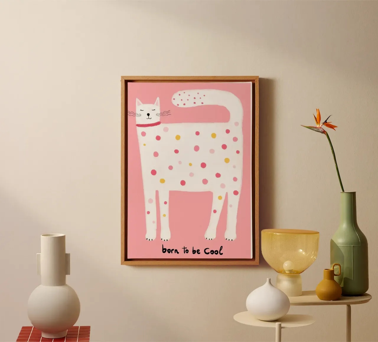 Stampa d'arte "Born to be Cool" Gatto a pois tela con Cornice a cassetta da vintagepod