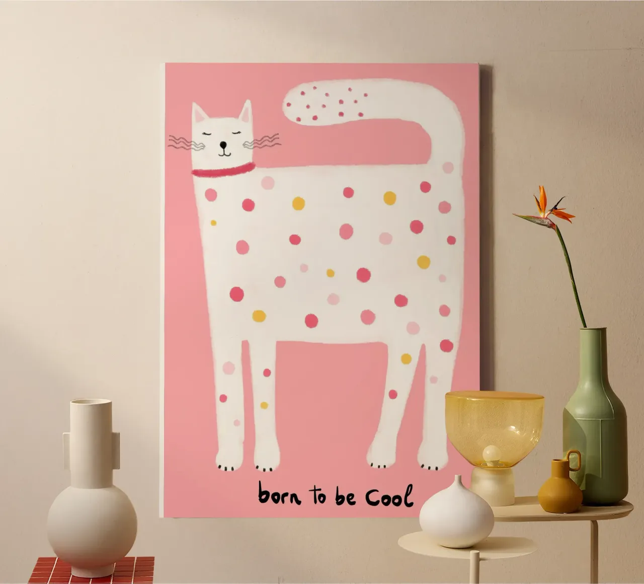 Stampa d'arte "Born to be Cool" Gatto a pois tela con Cornice a cassetta da vintagepod