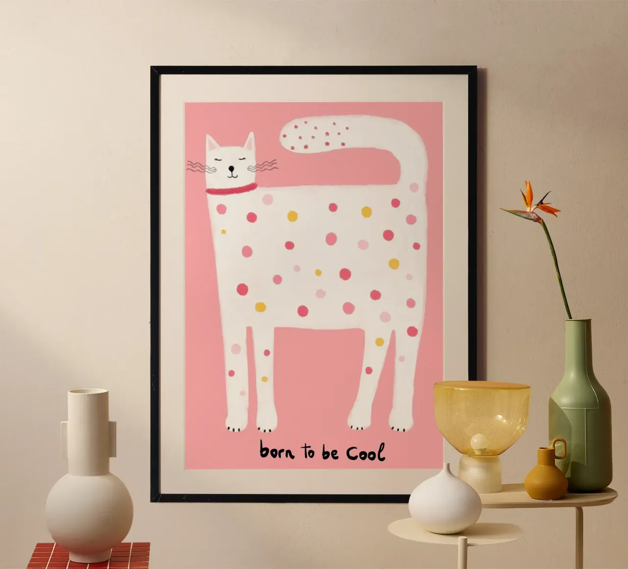 "Geboren um cool zu sein" Polka Dot Katze Kunstdruck Poster von vintagepod