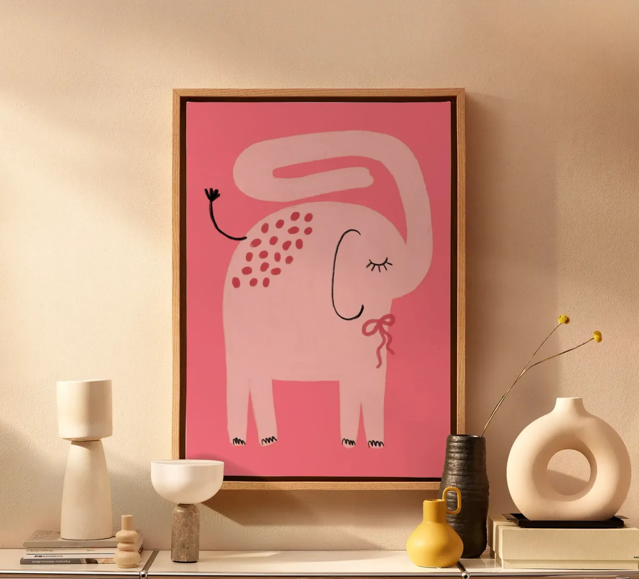 Schattige Roze Olifant met Strik, Kawaii Art Print canvas met Baklijst van vintagepod