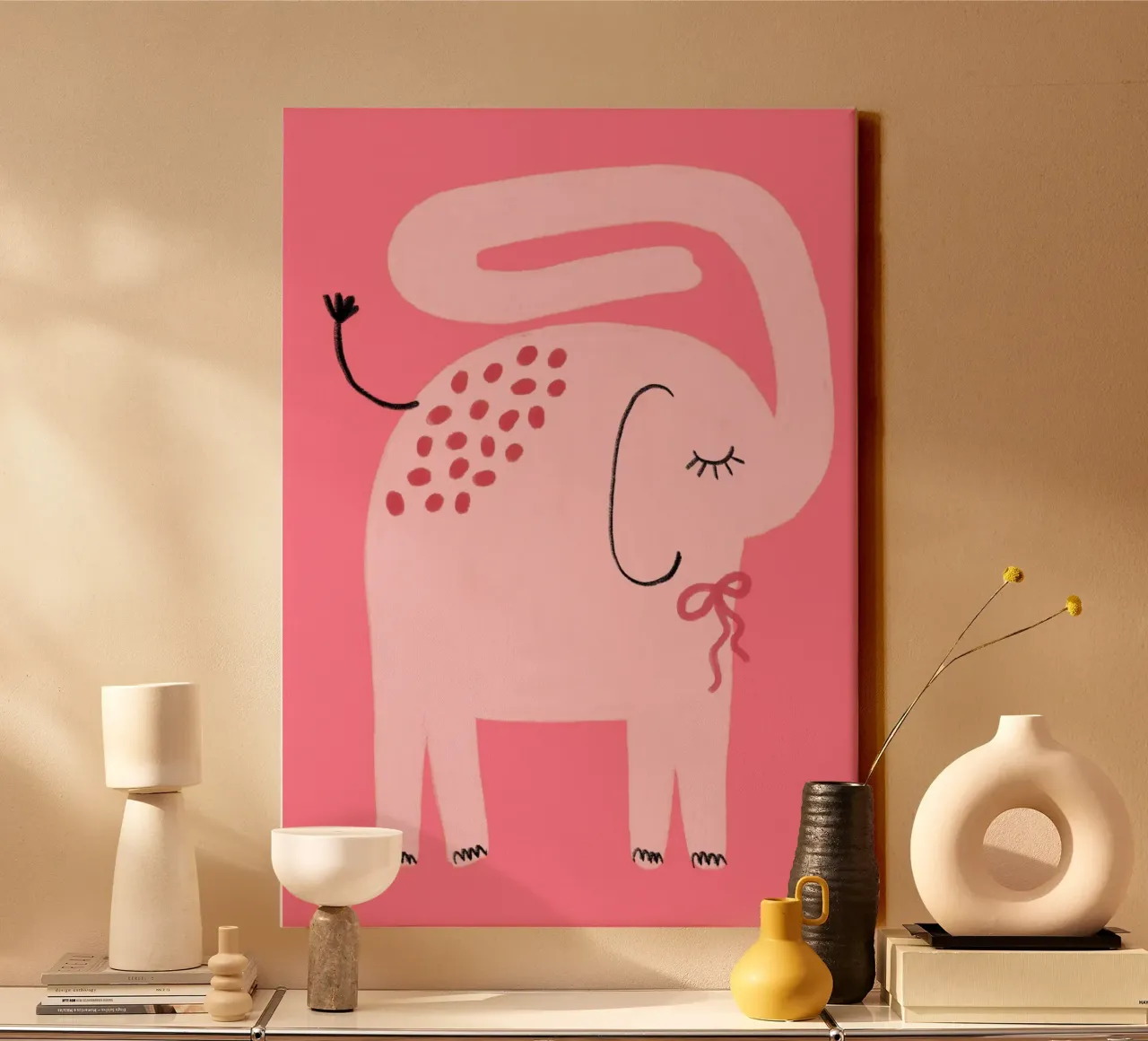 Schattige Roze Olifant met Strik, Kawaii Art Print canvas met Baklijst van vintagepod