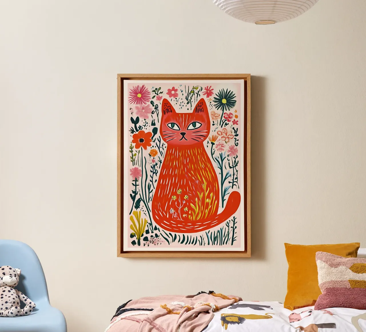 Moderne Volkskunst Kat Bloemen Print, Abstract canvas met Baklijst van vintagepod