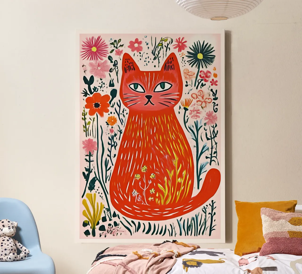 Moderne Volkskunst Kat Bloemen Print, Abstract canvas met Baklijst van vintagepod