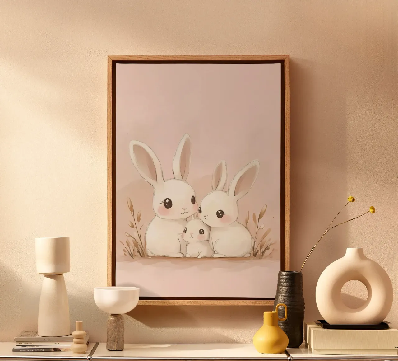 Niedliche Hasenfamilie Aquarell Kunstdruck, Kinderzimmer Leinwand mit Schattenfugenrahmen von vintagepod