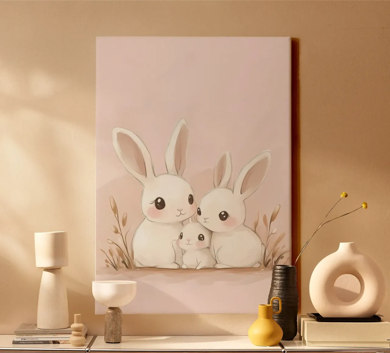 Niedliche Hasenfamilie Aquarell Kunstdruck, Kinderzimmer Leinwand mit Schattenfugenrahmen von vintagepod