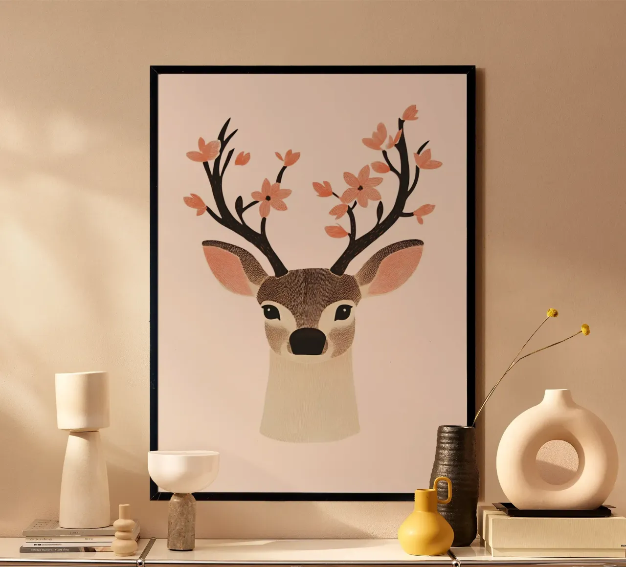Stampa d'arte floreale con testa di cervo, decorazione moderna del bosco poster da vintagepod