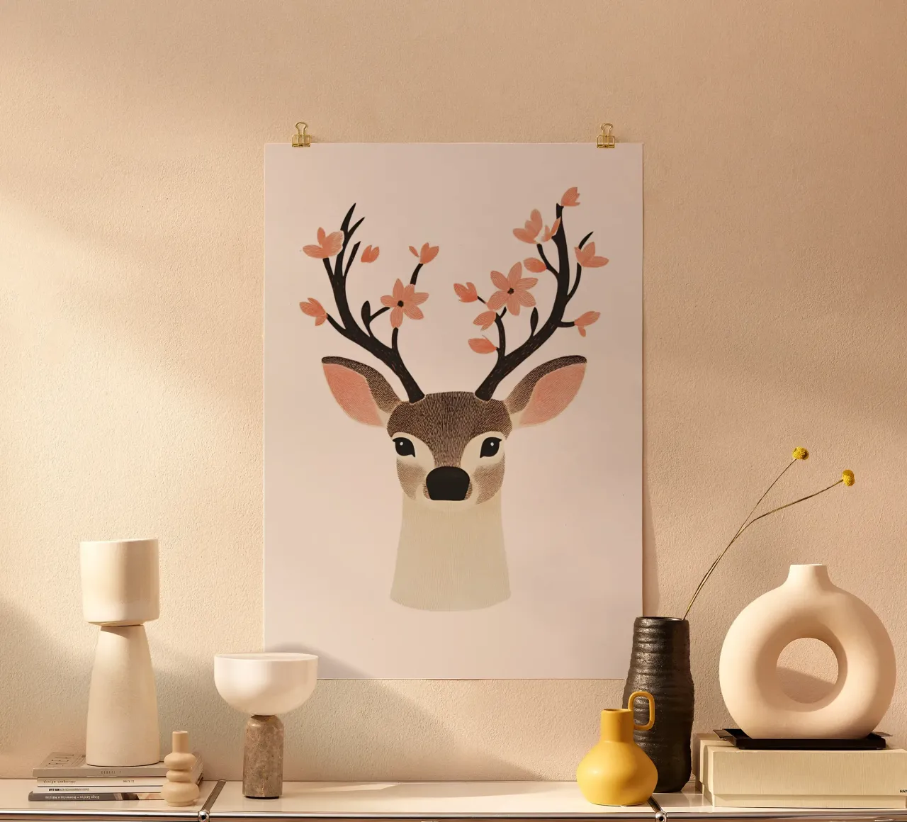 Stampa d'arte floreale con testa di cervo, decorazione moderna del bosco poster da vintagepod