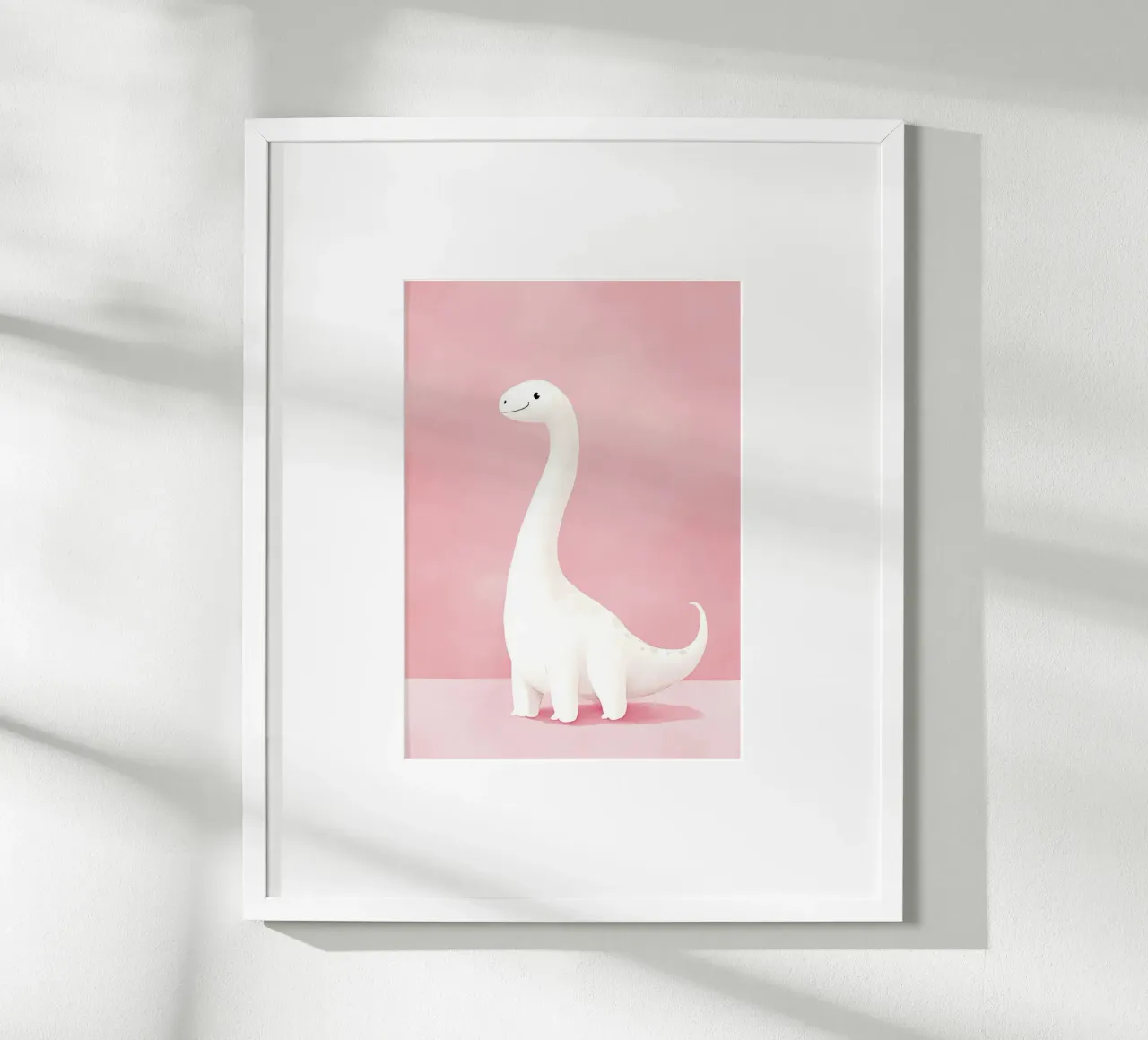 Stampa d'arte di un simpatico dino brontosauro bianco poster con telaio in legno da vintagepod