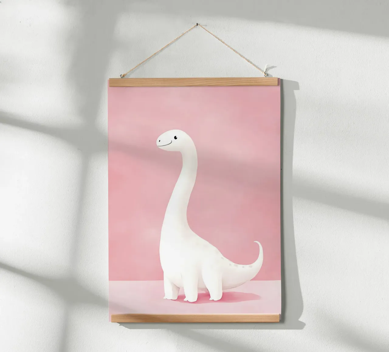 Stampa d'arte di un simpatico dino brontosauro bianco poster con telaio in legno da vintagepod