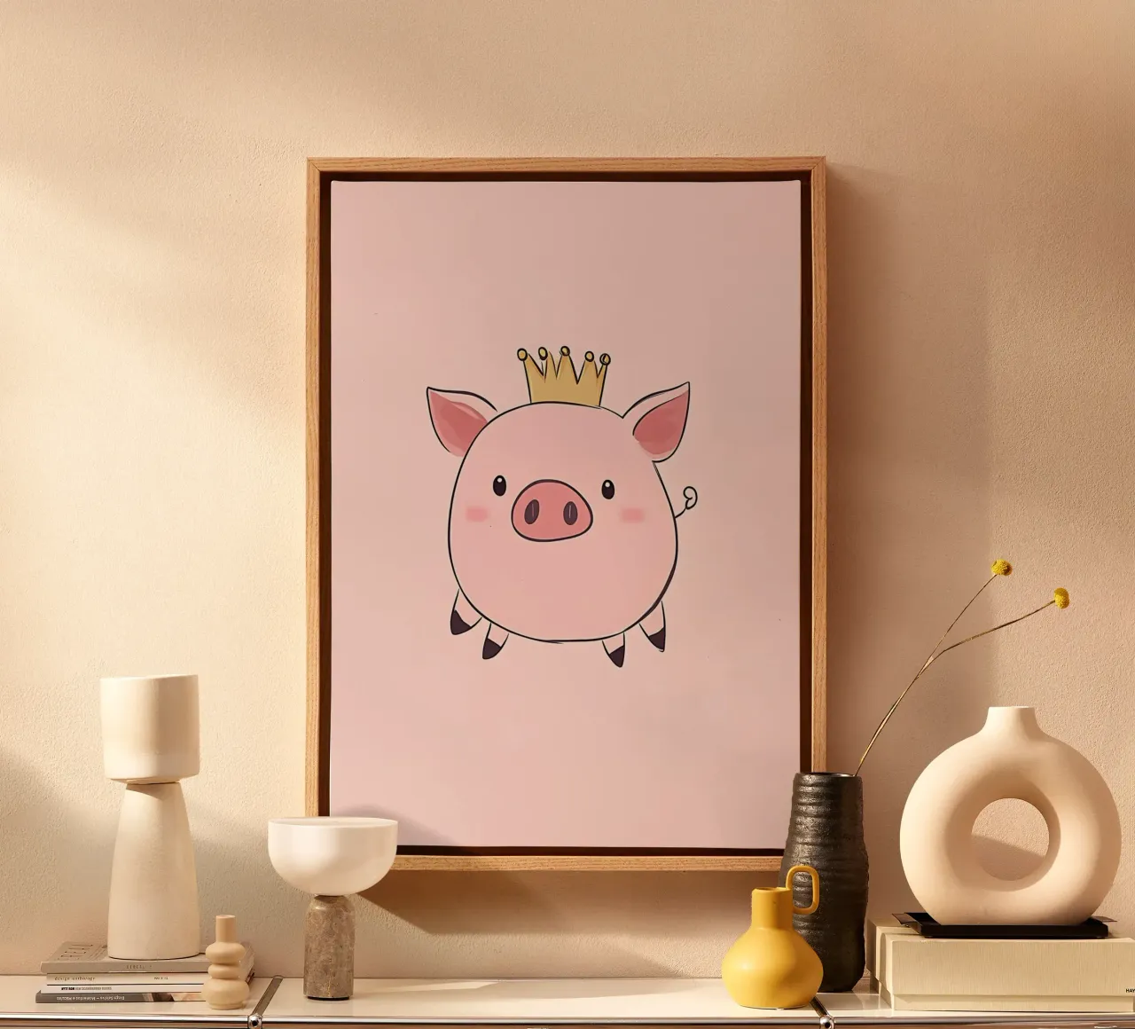 Cute Pig with Gold Crown, Kawaii Art Print canvas with Floater frame by vintagepod