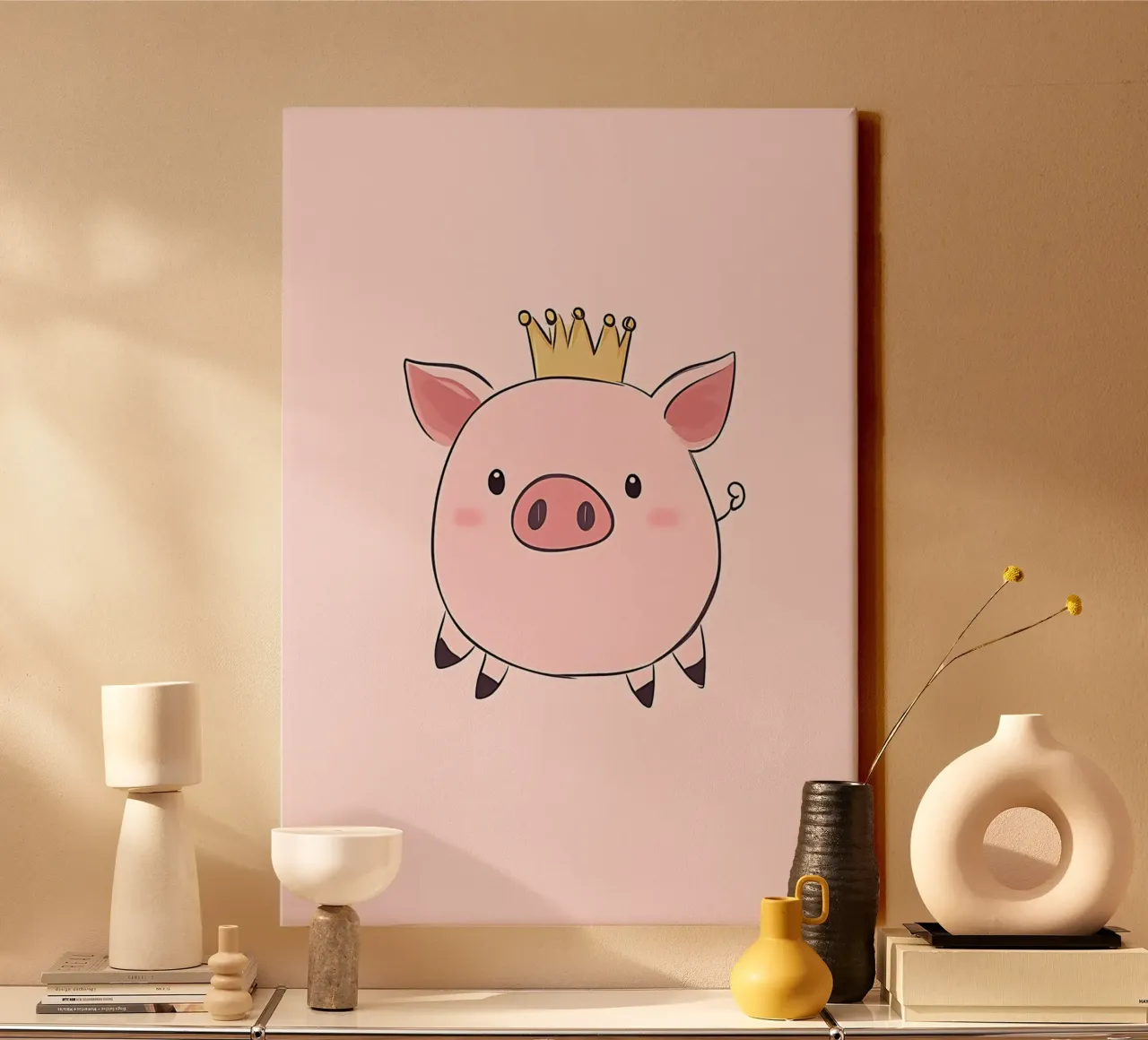Cute Pig with Gold Crown, Kawaii Art Print canvas with Floater frame by vintagepod