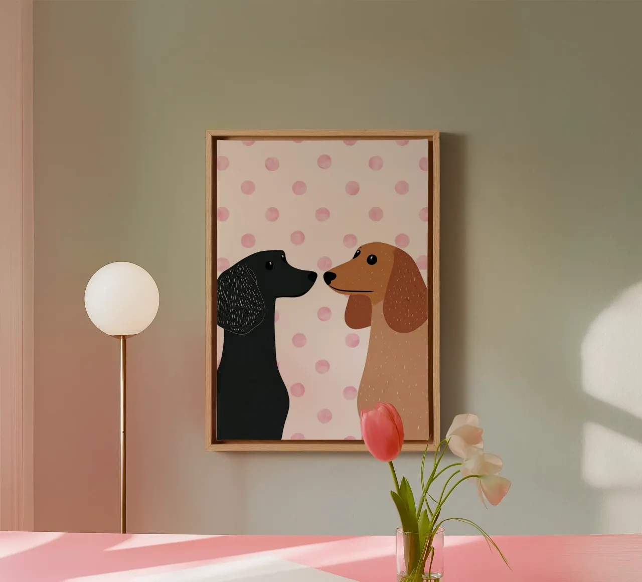 Teckels op roze stippen Art Print canvas met Baklijst van vintagepod