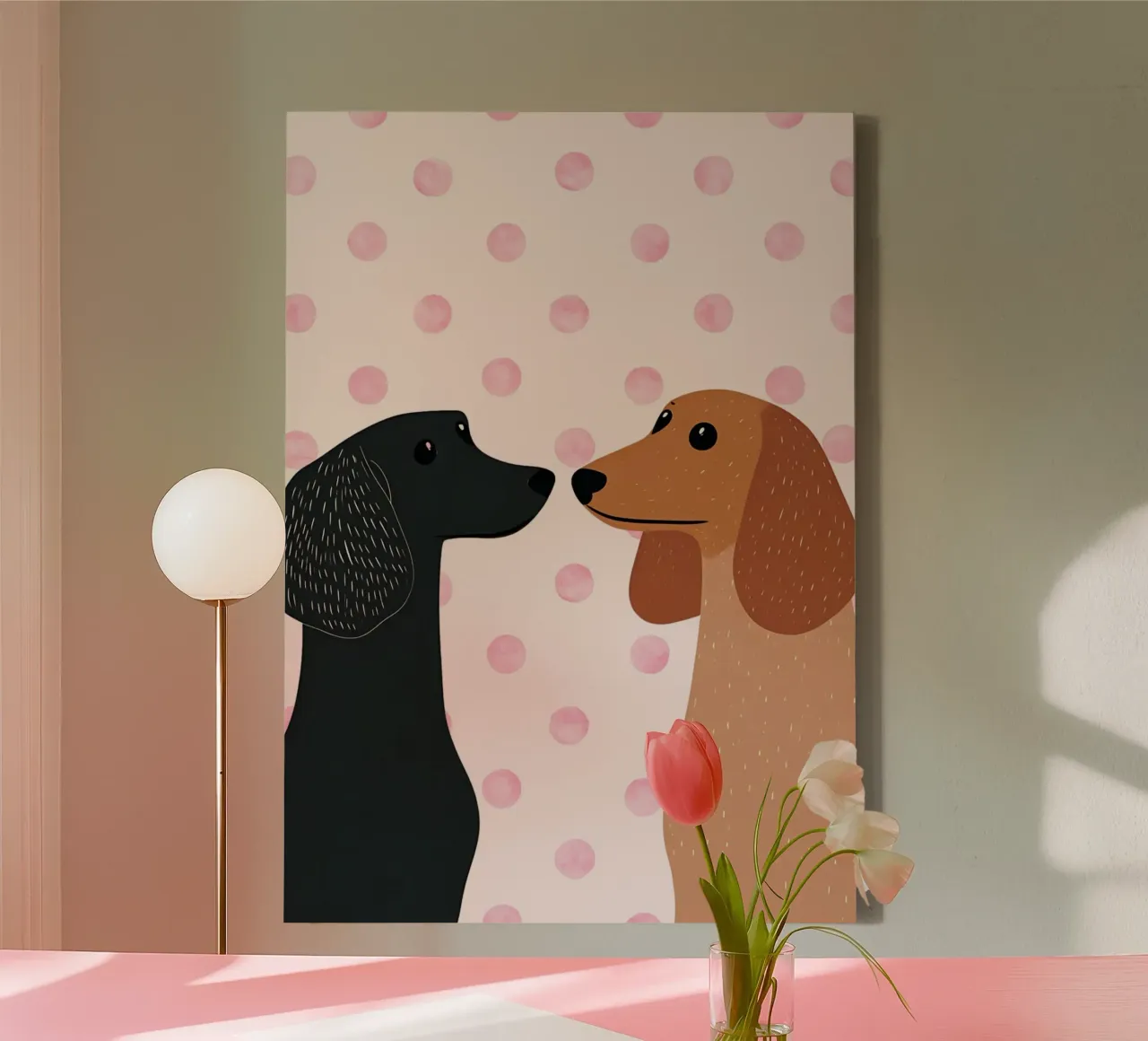 Teckels op roze stippen Art Print canvas met Baklijst van vintagepod