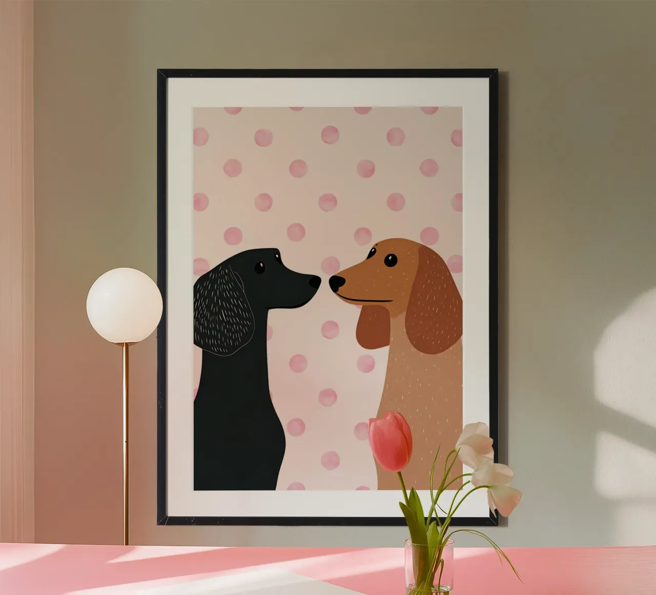 Teckels op roze stippen Art Print poster van vintagepod