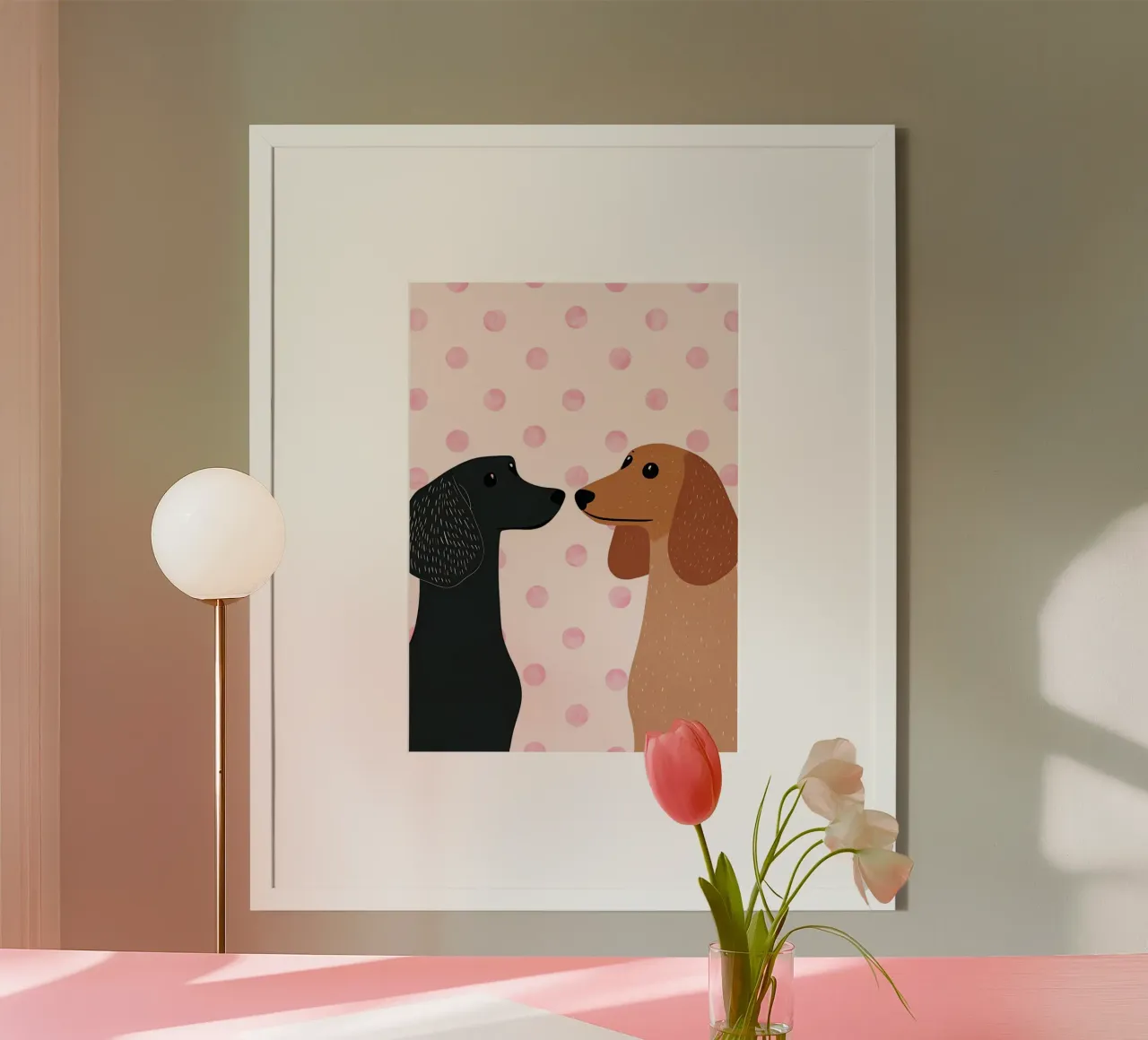 Teckels op roze stippen Art Print poster van vintagepod