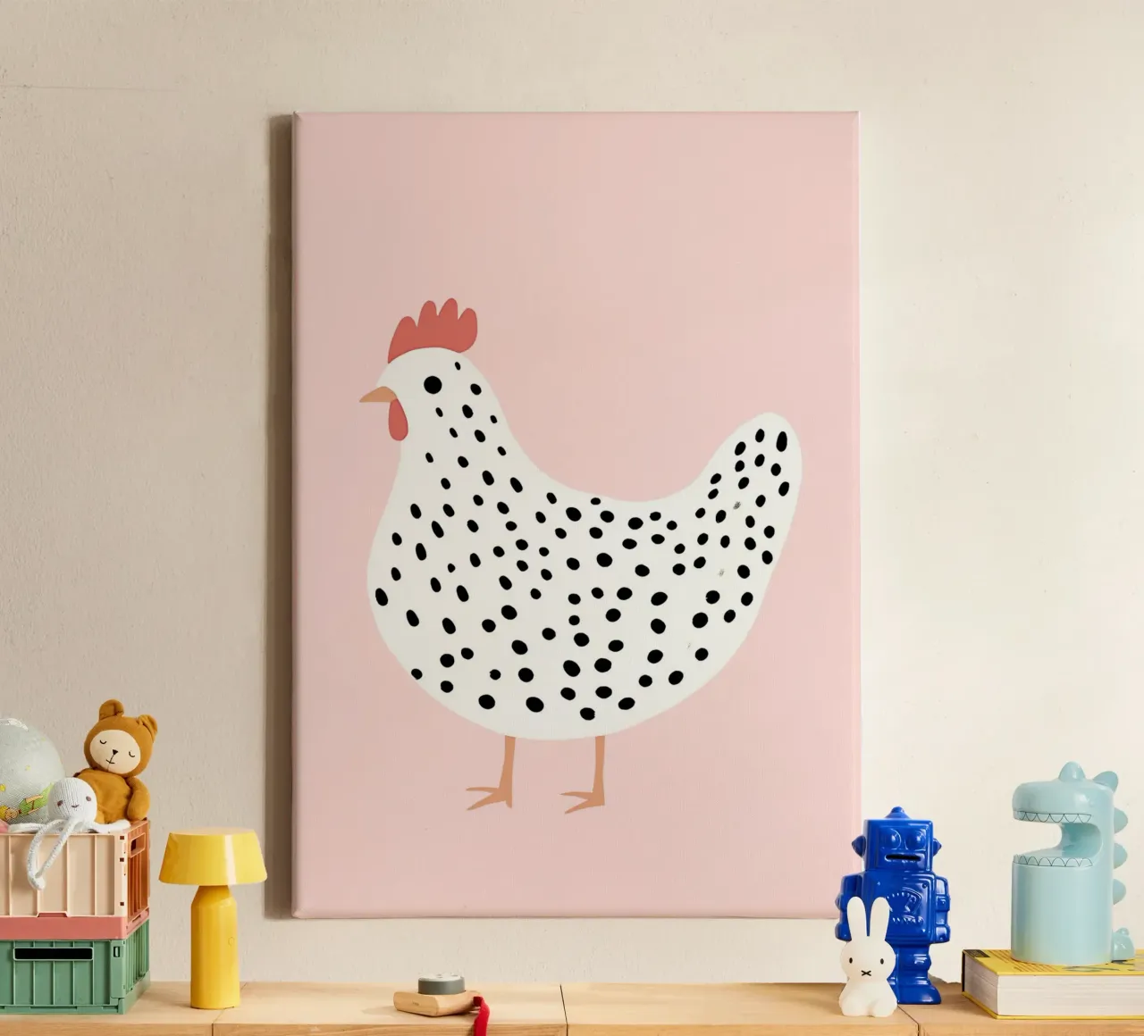 Niedlicher Polka Dot Hen Kunstdruck, Modernes Bauernhaus Leinwand mit Schattenfugenrahmen von vintagepod