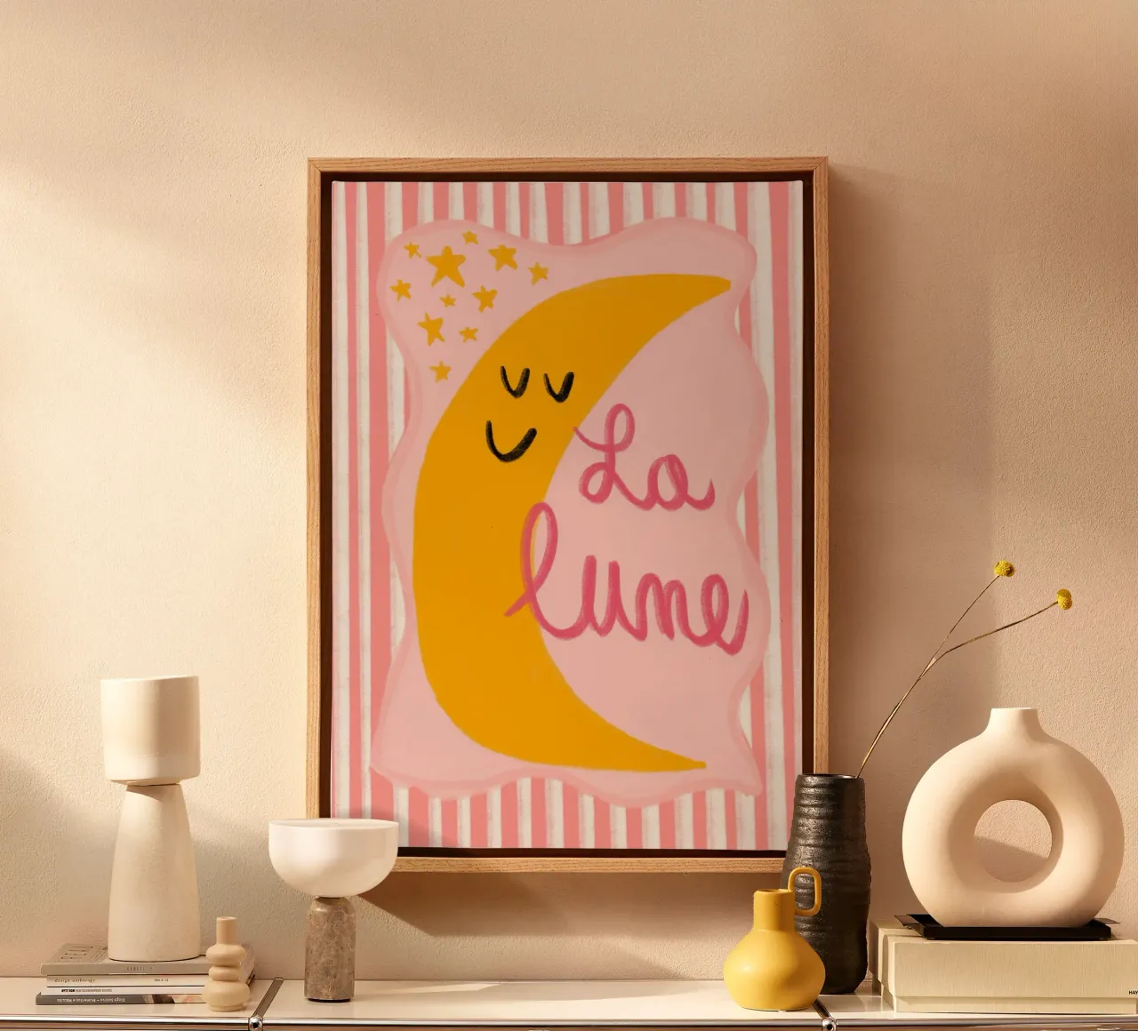 "La Lune" Smiling Moon Art Print canvas with Floater frame by vintagepod