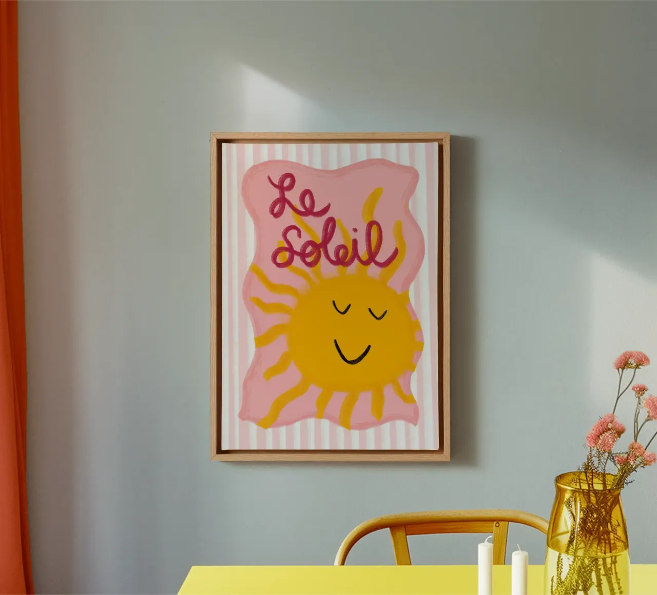 "Lachende zon kunstdruk canvas met Baklijst van vintagepod