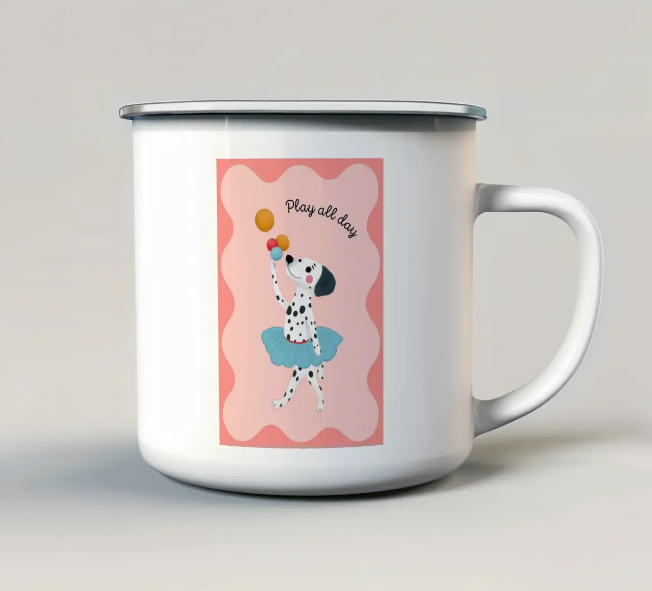 Jonglerende dalmatiër "Play All Day" Art Print emaille mok van vintagepod