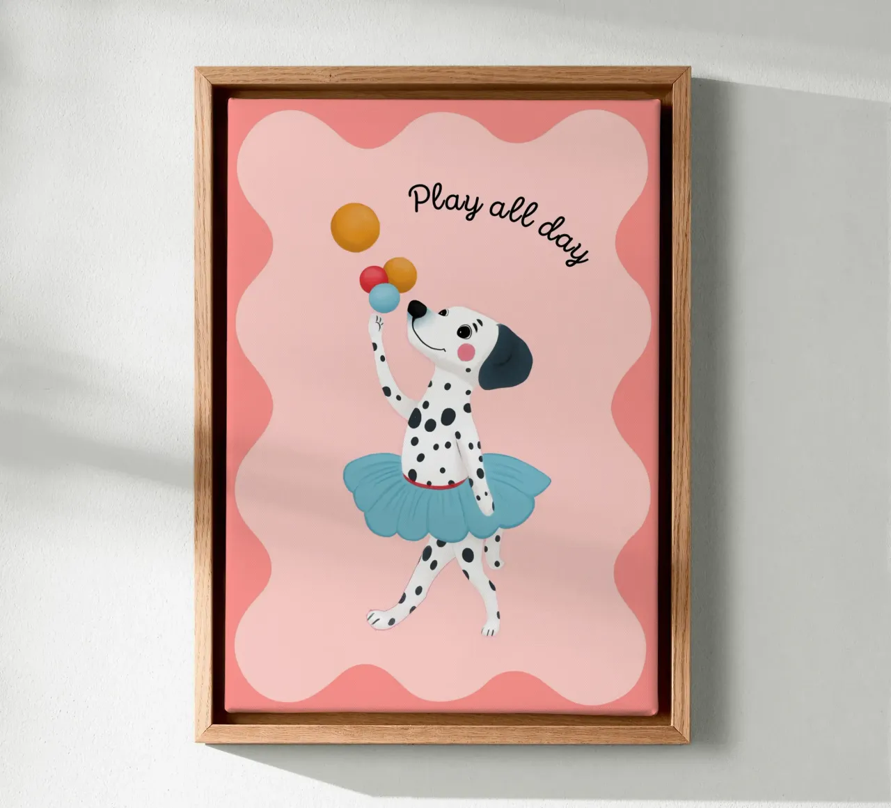 Jonglerende dalmatiër "Play All Day" Art Print canvas met Baklijst van vintagepod