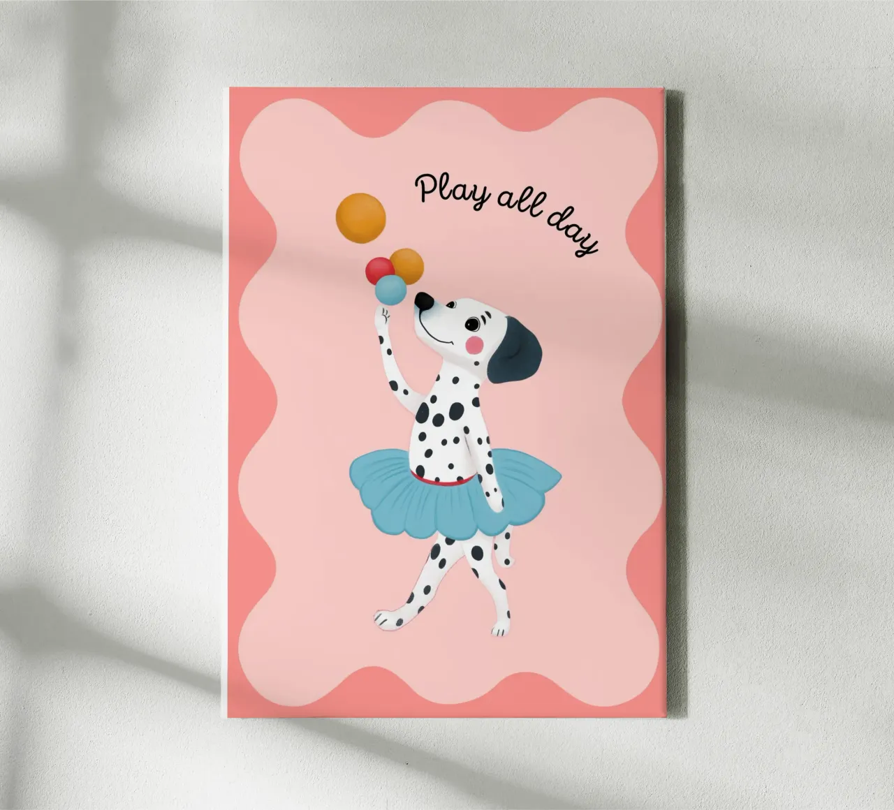 Jonglerende dalmatiër "Play All Day" Art Print canvas met Baklijst van vintagepod