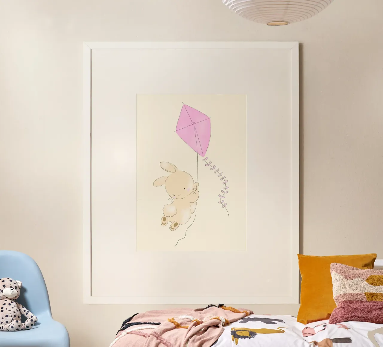 Conejito con cometa rosa, impresión artística caprichosa poster con marco de madera de vintagepod