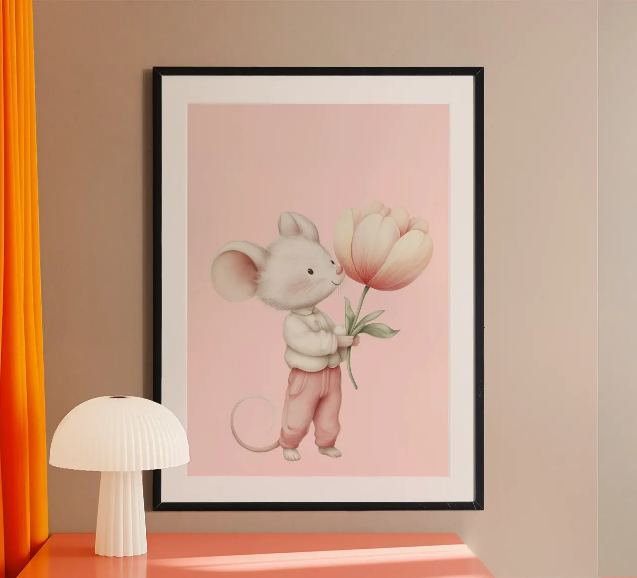 Cute Mouse with Pink Tulip, Whimsical Art Print poster by vintagepod