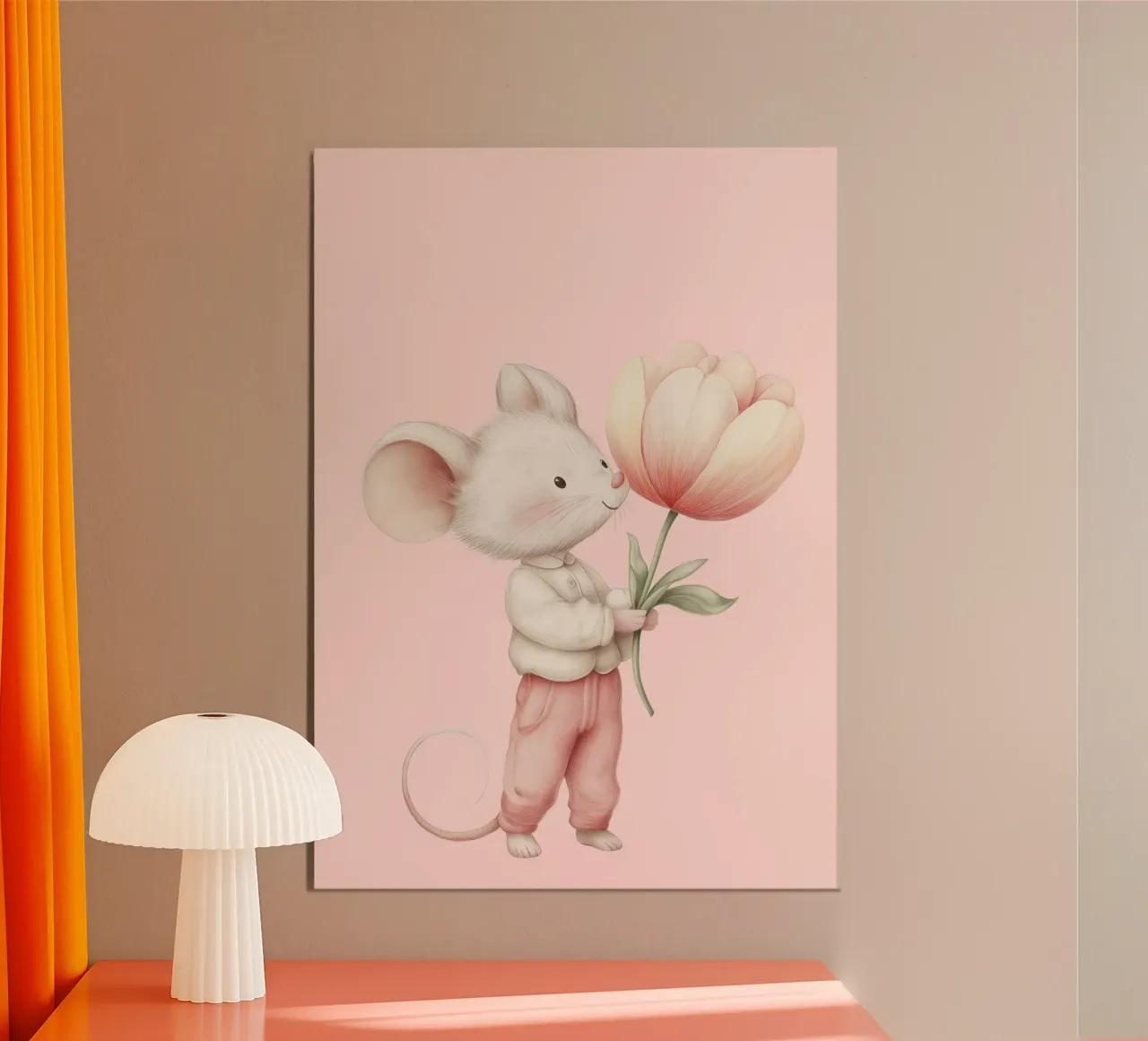 Cute Mouse with Pink Tulip, Whimsical Art Print poster by vintagepod
