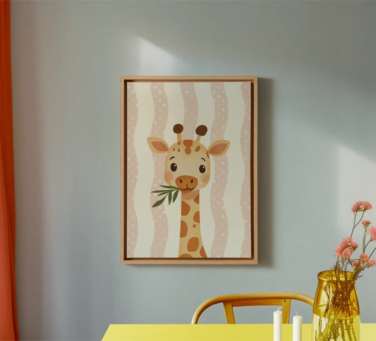 Giraffa carina con foglie, arte vivaistica kawaii tela con Cornice a cassetta da vintagepod