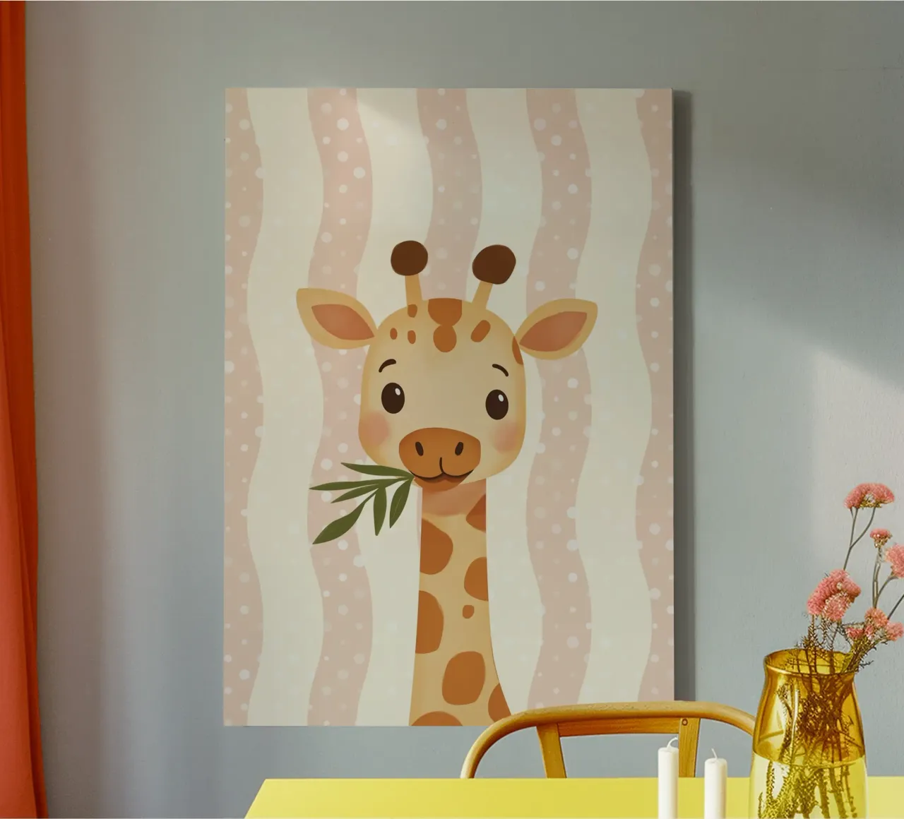Giraffa carina con foglie, arte vivaistica kawaii tela con Cornice a cassetta da vintagepod
