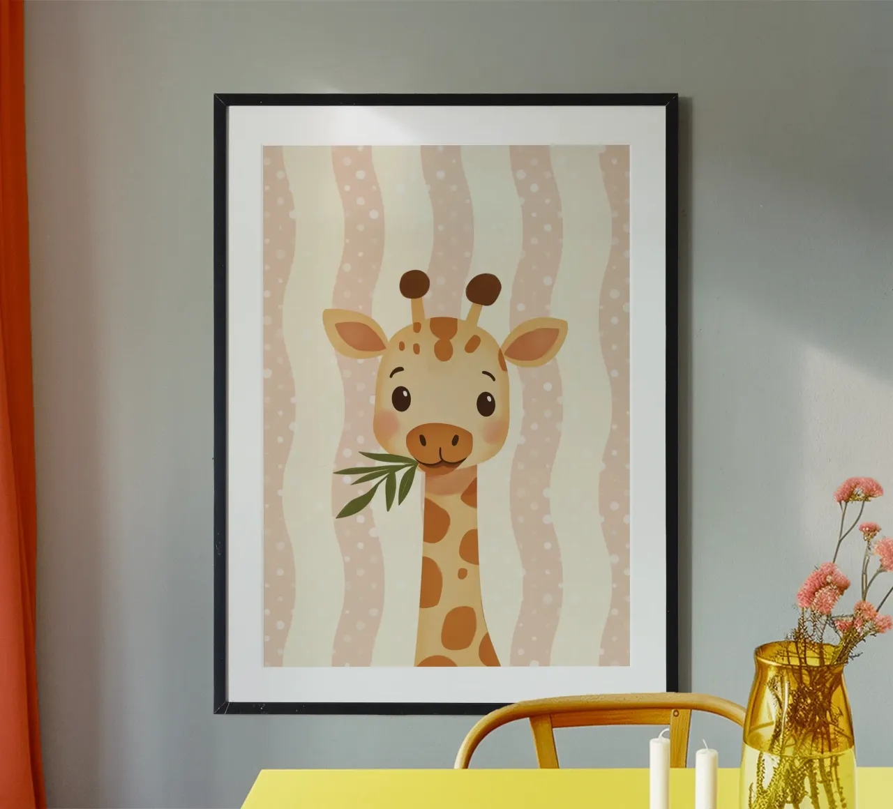 Giraffa carina con foglie, arte vivaistica kawaii poster con telaio in legno da vintagepod