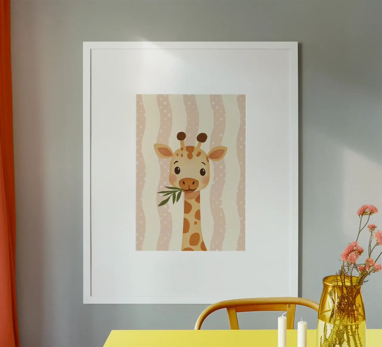 Giraffa carina con foglie, arte vivaistica kawaii poster con telaio in legno da vintagepod