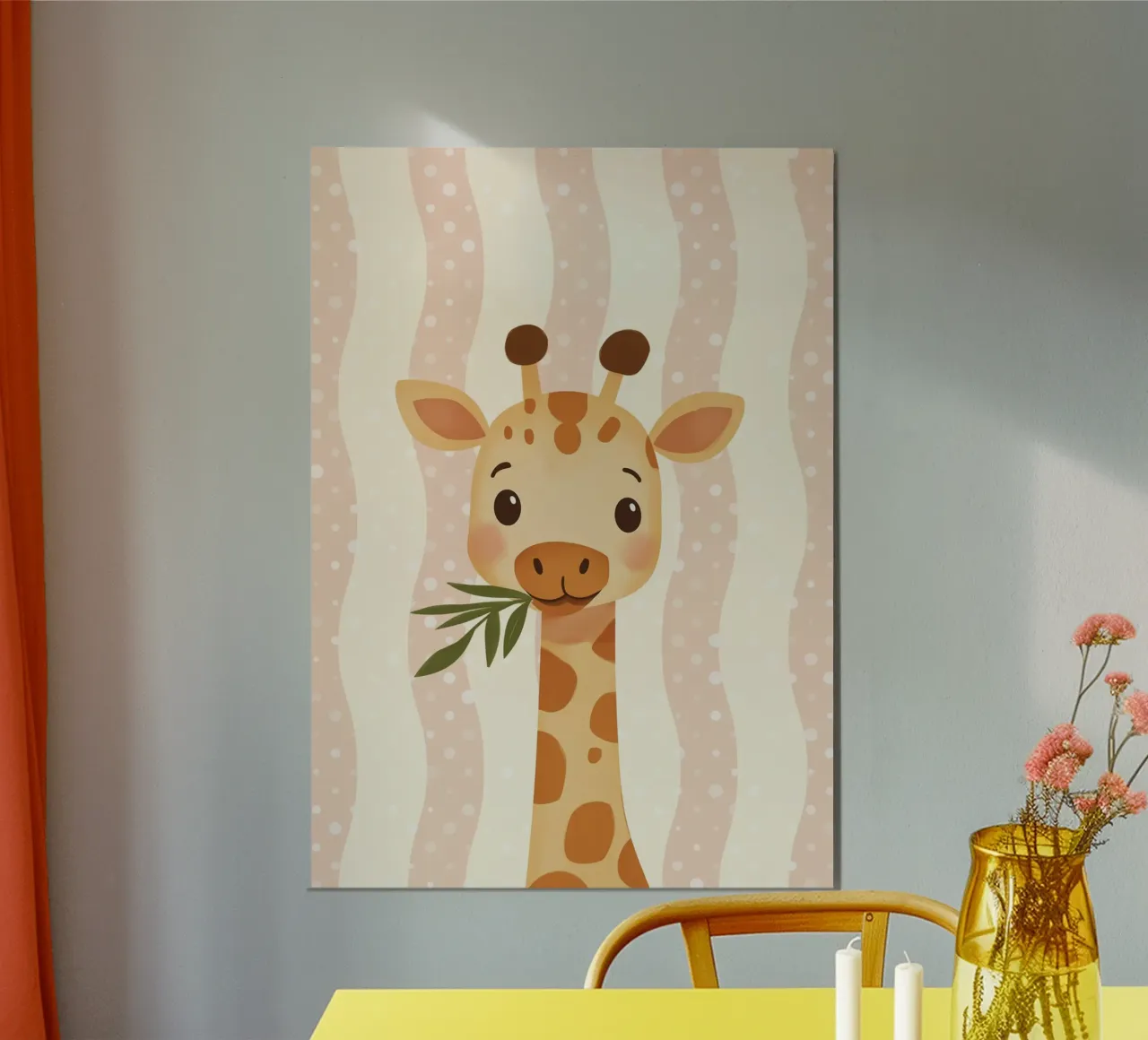 Giraffa carina con foglie, arte vivaistica kawaii poster con telaio in legno da vintagepod