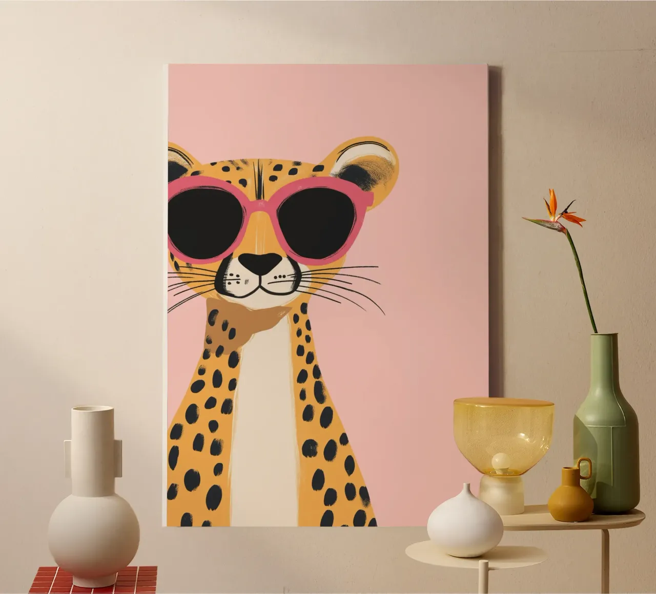 Chique Cheetah met Roze Zonnebril Art Print canvas met Baklijst van vintagepod